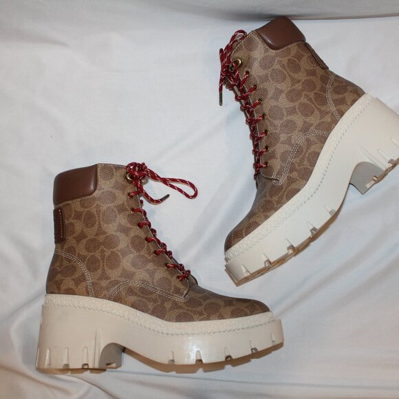 NIB WOMEN'S COACH AINSELY CANVAS COATED LOGO SIGNATURE PLATFORM BOOTIES TAN - Picture 1 of 7